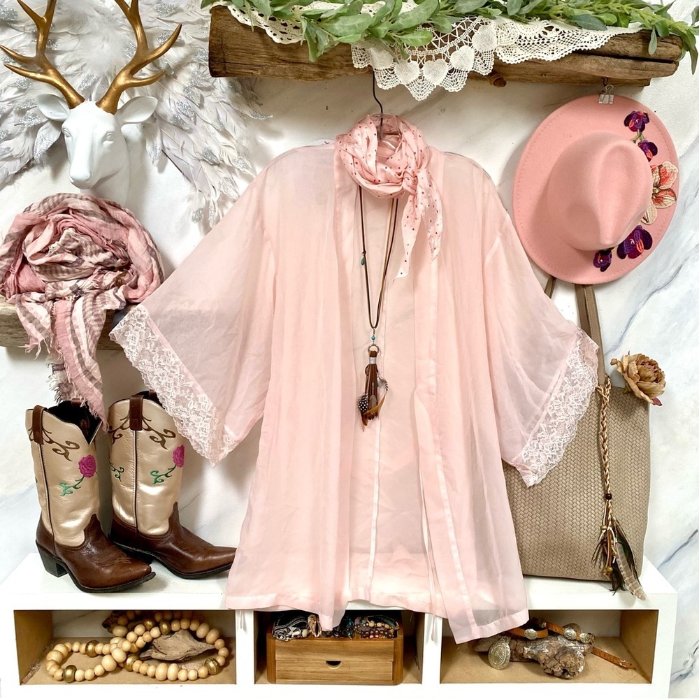 Blush dream semi sheer lace detailing boho robe cover up w shabby chic vibe